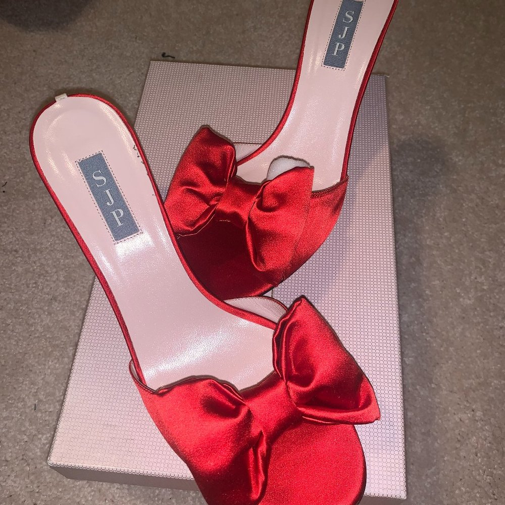 SJP Red Satin Bow Open Toe Mules